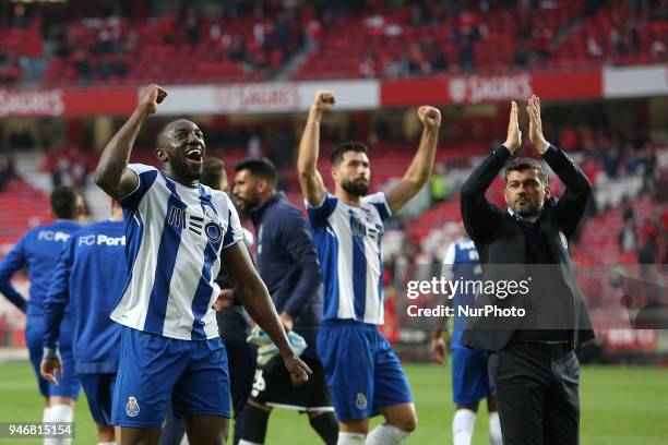 Porto's forward Moussa Marega from Mali and Porto's head coach Sergio Conceicao celebrate the victory at the end of the Portuguese League football...