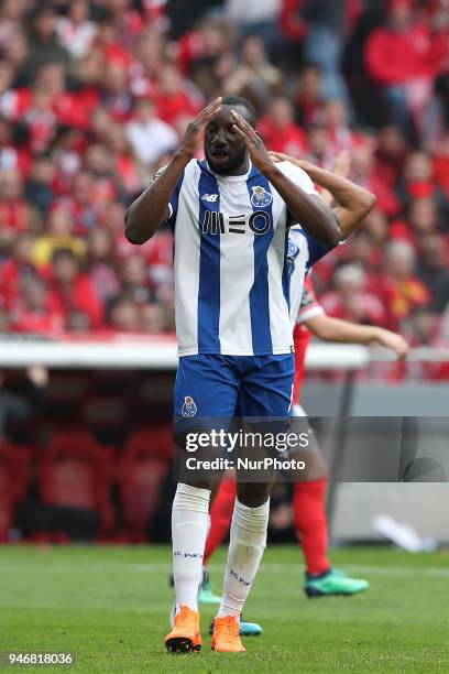 Porto's forward Moussa Marega from Mali reacts during the Portuguese League football match SL Benfica vs FC Porto at the Luz stadium in Lisbon on...