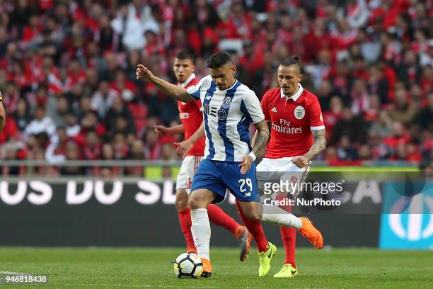 Porto's Brazilian forward Soares vies with Benfica's Serbian midfielder Ljubomir Fejsa during the Portuguese League football match SL Benfica vs FC...