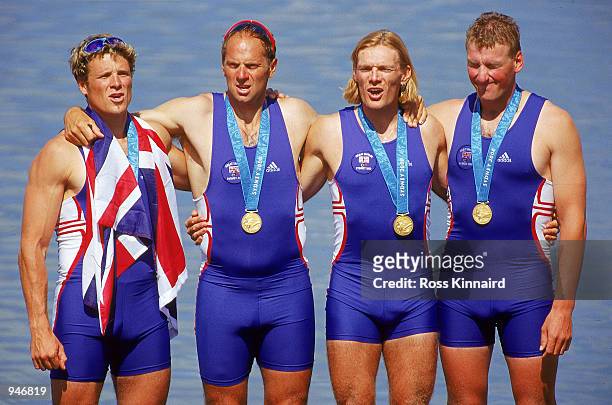 James Cracknell, Steve Redgrave, Tim Foster and Matthew Pinsent of Great Britain celebrate gold in the Men's Coxless Four Rowing Final at the Sydney...