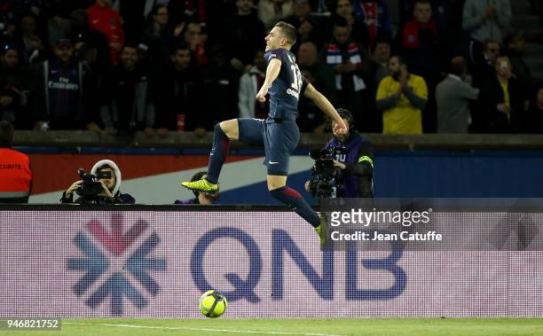 Giovani Lo Celso of PSG celebrates scoring his first goal during the Ligue 1 match between Paris Saint Germain and AS Monaco at Parc des Princes...
