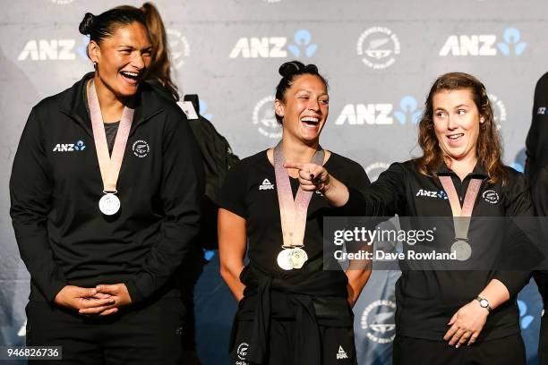 Dame Valerie Adams, silver medal for shot put, Sophie Pascoe, gold medals for swimming and Julia Ratcliffe, gold medal for hammer throw during the...