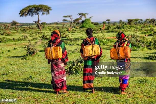 junge afrikanische frauen tragen von wasser aus der gut, äthiopien, afrika - ethiopia stock-fotos und bilder