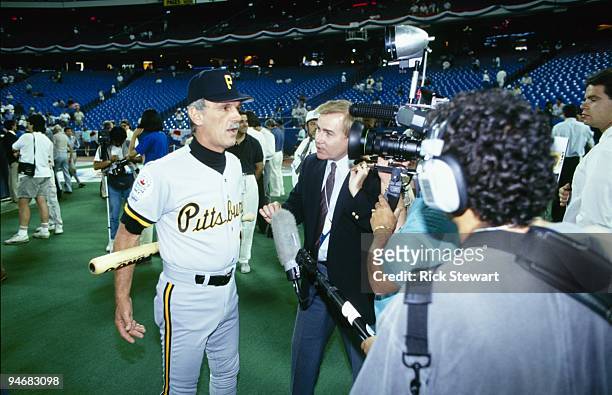 Manager Jim Leyland of the Pittsburgh Pirates speaks to the media during batting practice prior to the1991 All-Star Game at the Toronto Sky Dome on...