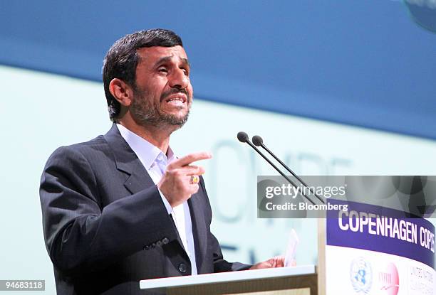 Mahmoud Ahmadinejad, Iran's president, addresses the high level plenary during the COP15 United Nations Climate Change Conference at the Bella Centre...