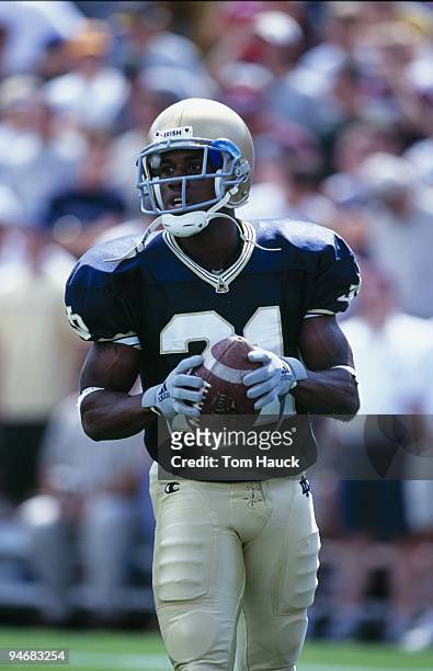 Javin Hunter of the Notre Dame Fighting Irish looks on during the game against the Texas A&M Aggies at Notre Dame Stadium on September 2, 2000 in...