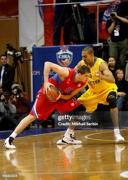 Viktor Khryapa, #31 of CSKA Moscow competes with David Bluthenthal, #15 of Maccabi Electra Tel Aviv during the Euroleague Basketball Regular Season...