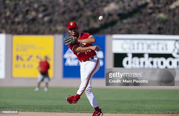 Alex Cora of the Albuquerque Dukes throws before the game against the Iowa Cubs at Albuquerque Sports Stadium on August 20, 1998 in Albuquerque, New...