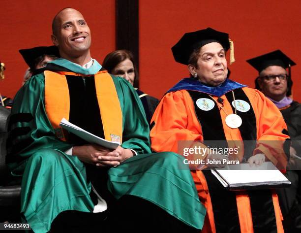 Dwayne "The Rock" Johnson and Donna E. Shalala delivers the commencement speech at the Univers ity of Miami at Bank United Center on December 17,...