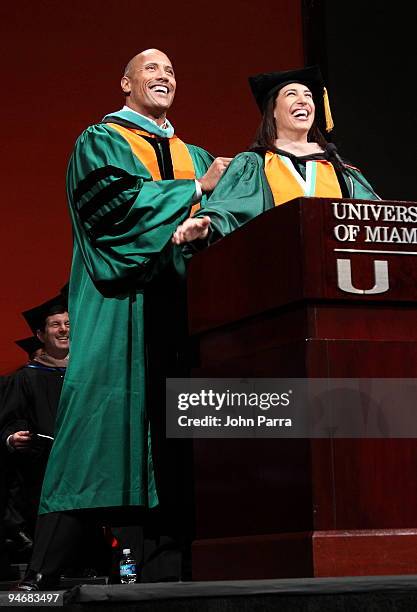 Dwayne "The Rock" Johnson and Dany Garcia deliver the commencement speech at the University of Miami at Bank United Center on December 17, 2009 in...