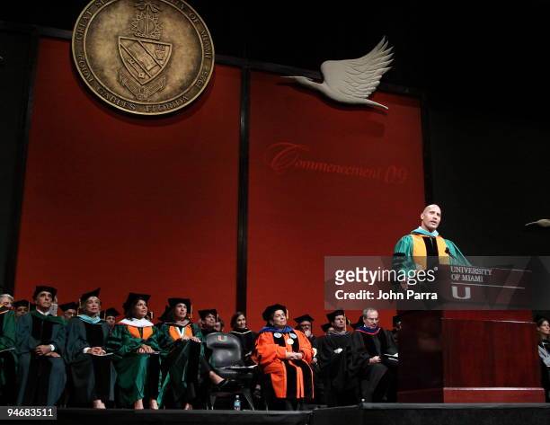Dwayne "The Rock" Johnson delivers the commencement speech at the University of Miami at Bank United Center on December 17, 2009 in Coral Gables,...