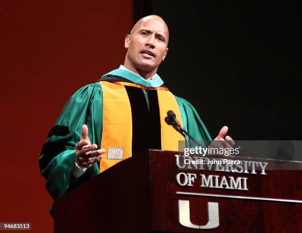 Dwayne "The Rock" Johnson delivers the commencement speech at the University of Miami at Bank United Center on December 17, 2009 in Coral Gables,...