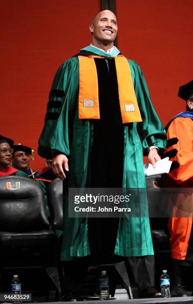 Dwayne "The Rock" Johnson delivers the commencement speech at the University of Miami at Bank United Center on December 17, 2009 in Coral Gables,...