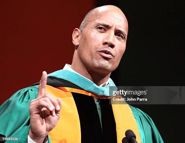 Dwayne "The Rock" Johnson delivers the commencement speech at the University of Miami at Bank United Center on December 17, 2009 in Coral Gables,...