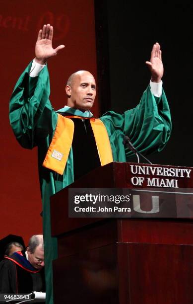 Dwayne "The Rock" Johnson delivers the commencement speech at the University of Miami at Bank United Center on December 17, 2009 in Coral Gables,...