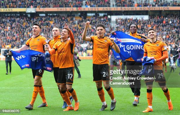 Wolverhampton Wanderers' Danny Batth, Diogo Jota, Helder Costa, Morgan Gibbs-White and Ruben Vinagre celebrate at full time during the Sky Bet...