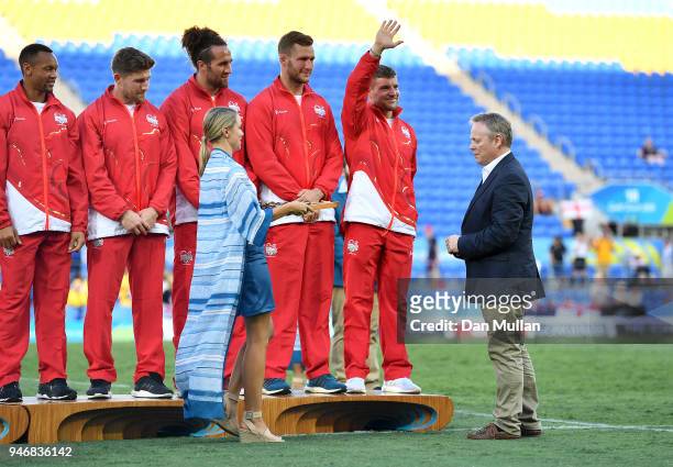 Steve Brown, CEO of the Rugby Football Union presents the medals to England following the Rugby Sevens Men's Bronze Medal match between England and...