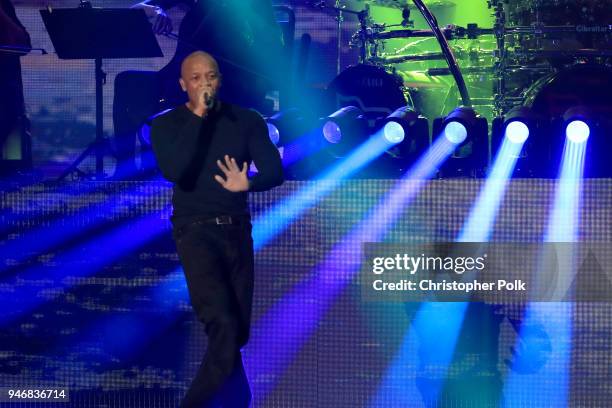 Dr. Dre performs onstage with Eminem during the 2018 Coachella Valley Music and Arts Festival Weekend 1 at the Empire Polo Field on April 15, 2018 in...