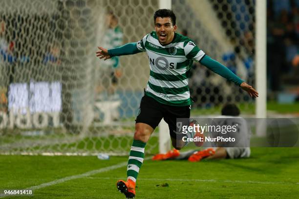 Sporting CP Midfielder Marcos Acuna from Argentina celebrating after scoring a goal during the Premier League 2017/18 match between CF Os Belenenses...
