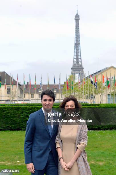 Canadian Prime Minister Justin Trudeau is welcomed by the President of Unesco Audrey Azoulay at UNESCO on April 16, 2018 in Paris, France. Justin...
