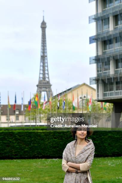 President of Unesco Audrey Azoulay waits for Canadian Prime Minister Justin Trudeau for a meeting at UNESCO on April 16, 2018 in Paris, France....