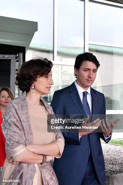 Canadian Prime Minister Justin Trudeau leaves after a meeting with President of Unesco Audrey Azoulay at UNESCO on April 16, 2018 in Paris, France....