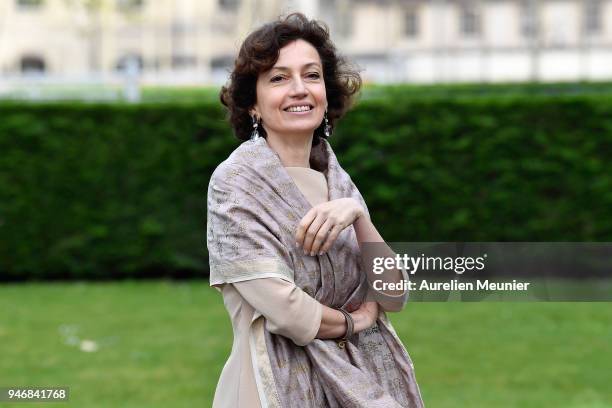 President of Unesco Audrey Azoulay waits for Canadian Prime Minister Justin Trudeau for a meeting at UNESCO on April 16, 2018 in Paris, France....