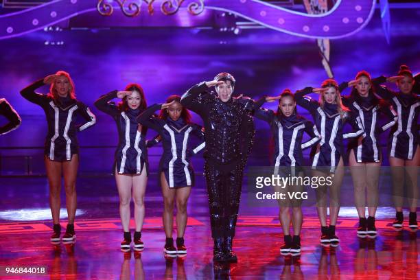 Singer Wang Leehom performs on the stage during the opening ceremony of 2018 Beijing International Film Festival at Yanqi Lake International...