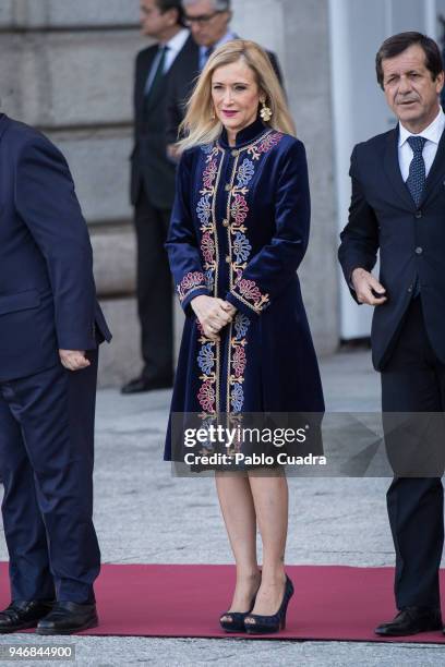 King Felipe VI of Spain and Queen Letizia of Spain receive president of Portugal Marcelo Rebelo de Sousa at the Royal Palace on April 16, 2018 in...