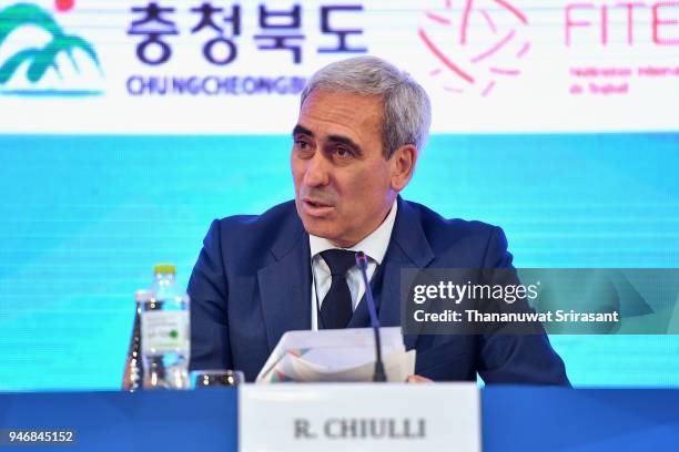 President Raffaele Chiulli addresses during the ARISF General Assembly on day two of the SportAccord at Centara Grand & Bangkok Convention Centre on...