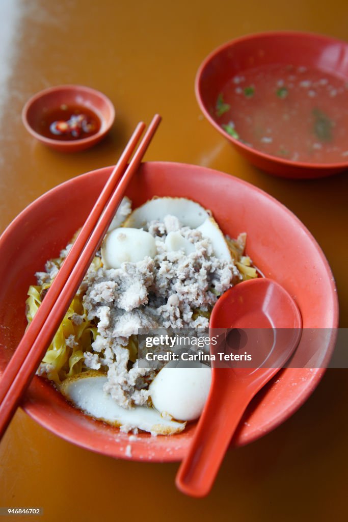 Singapore breakfast of fishball mee pok