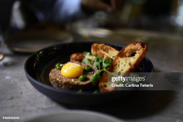 modern steak tartar in a restaurant - biff tartar bildbanksfoton och bilder