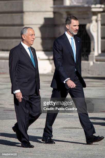 King Felipe VI of Spain receives president of Portugal Marcelo Rebelo de Sousa at the Royal Palace on April 16, 2018 in Madrid, Spain.