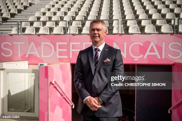 Stade Français new coach, South African Heyneke Meyer poses at the Jean Bouin stadium in Paris on April 16, 2018. / AFP PHOTO / Christophe SIMON