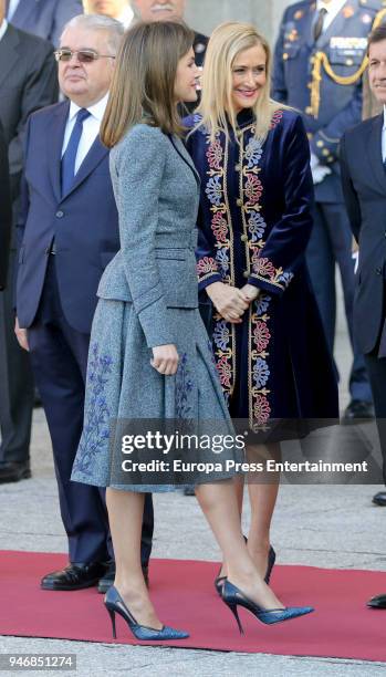 Queen Letizia of Spain and Cristina Cifuentes receive president of Portugal Marcelo Rebelo de Sousa on April 16, 2018 in Madrid, Spain.