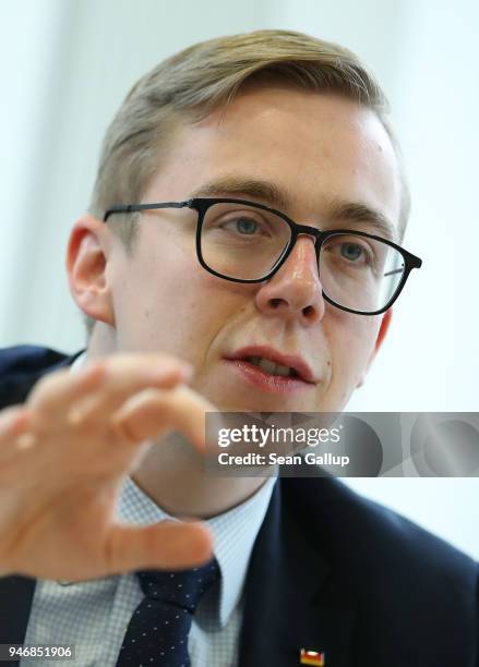 Philipp Amthor, a politician of the German Christian Democrats in the Bundestag, speaks to the Foreign Journalists' Association on April 16, 2018 in...