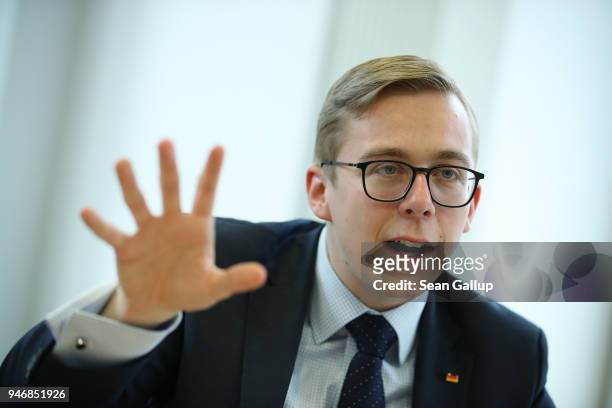 Philipp Amthor, a politician of the German Christian Democrats in the Bundestag, speaks to the Foreign Journalists' Association on April 16, 2018 in...