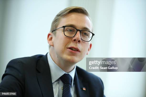 Philipp Amthor, a politician of the German Christian Democrats in the Bundestag, speaks to the Foreign Journalists' Association on April 16, 2018 in...