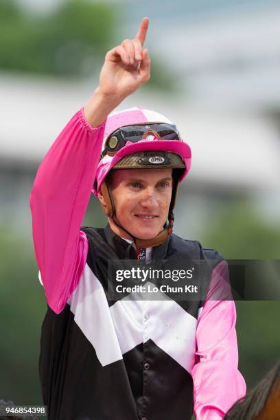 Jockey Chad Schofield riding Win Beauty Win wins Race 11 Yan Chau Tong Handicap at Sha Tin racecourse on April 15 , 2018 in Hong Kong.