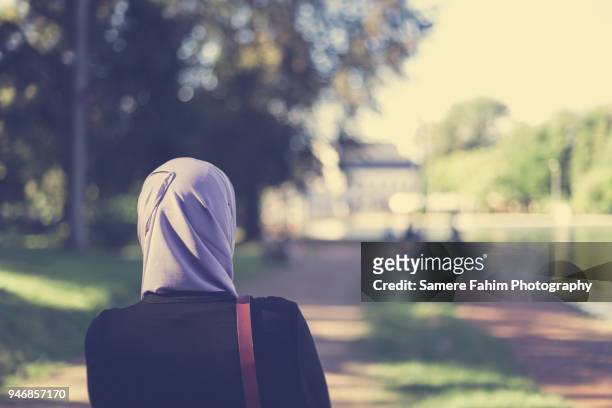 rear view of a veiled muslim woman walking in forest - velo foto e immagini stock