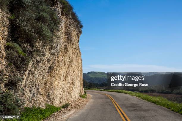 Unusual rock formations of shale, sandstone, and chalk are viewed along Sweeney Road in the Santa Rita Hills on April 4 near Lompoc, California....