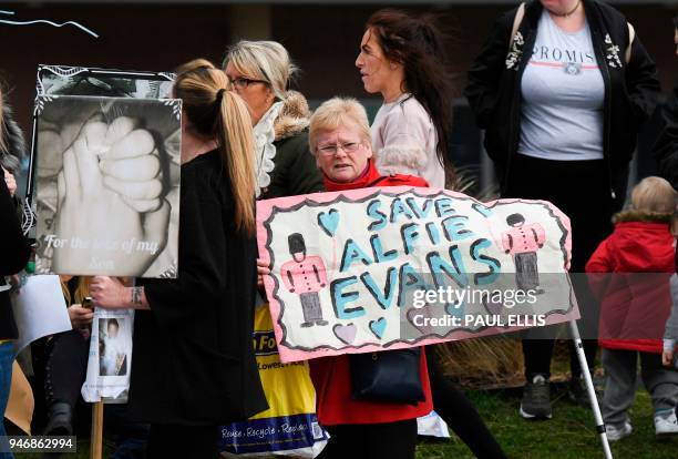 Supporters of seriously ill British toddler being kept alive on a ventilator Alfie Evans demonstrate outside Alder Hey Children's Hospital in...