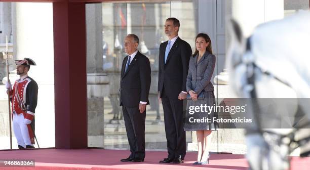 King Felipe VI of Spain and Queen Letizia of Spain receive president of Portugal Marcelo Rebelo de Sousa at the Royal Palace on April 16, 2018 in...