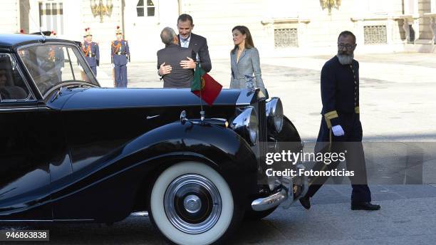 King Felipe VI of Spain and Queen Letizia of Spain receive president of Portugal Marcelo Rebelo de Sousa at the Royal Palace on April 16, 2018 in...