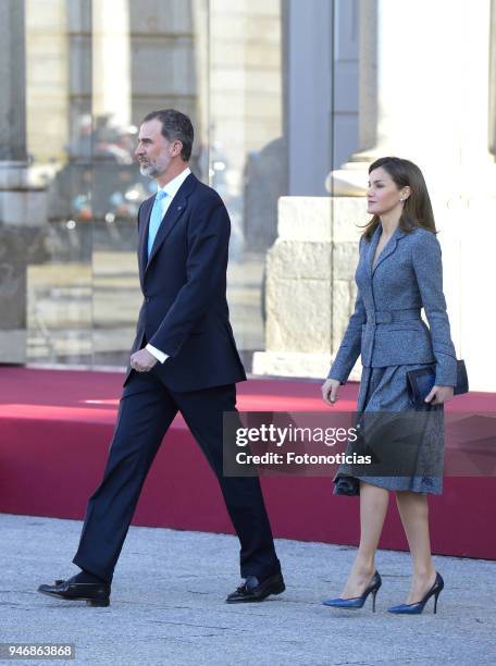 King Felipe VI of Spain and Queen Letizia of Spain receive president of Portugal Marcelo Rebelo de Sousa at the Royal Palace on April 16, 2018 in...