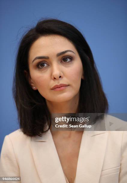Iranian-born actress and human rights advocate Nazanin Boniadi speaks to the media with members of the Bundestag on April 16, 2018 in Berlin,...