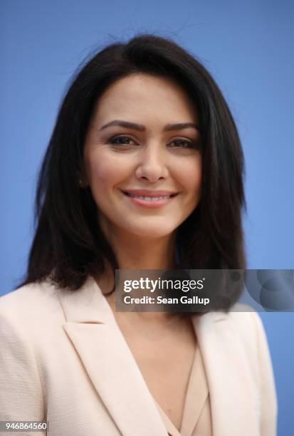 Iranian-born actress and human rights advocate Nazanin Boniadi arrives to speak to the media with members of the Bundestag on April 16, 2018 in...