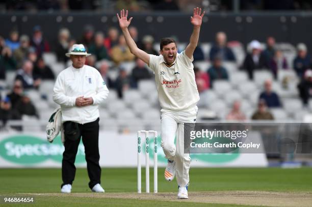 Harry Gurney of Nottinghamshire celebrates dismissing Keaton Jennings of Lancashire during the four day of Specsavers County Championship Division...