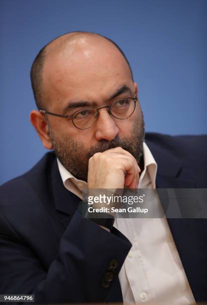 German politician Omid Nouripour attends a press conference with Iranian-born actress and human rights advocate Nazanin Boniadi on April 16, 2018 in...