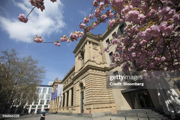 Blossom blooms on a tree outside the Frankfurt Stock Exchange, operated by Deutsche Boerse AG, in Frankfurt, Germany, on Monday, April 16, 2018....